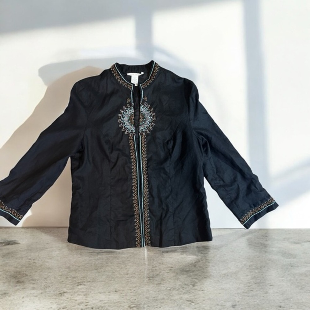 Sarah Spencer Black Linen Beaded Blazer Women's 12 Shirt‎ Boho